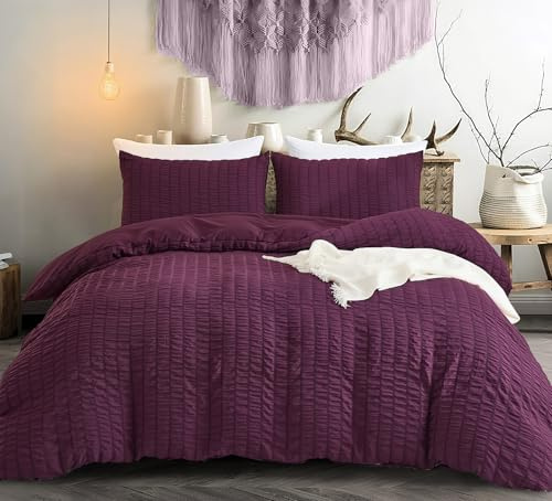 Purple King Size Bedding Set Classic Seersucker Duvet Cover Set Puckering Pinch Pleat Duvet Cover Set,with 2 Pillowcases and Zipper Closure,220x230 cm
