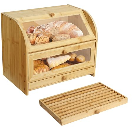 Ribelli Bambus Brotkasten mit 2 Etagen und Schublade, Großer Brotbehälter mit Brotschneidebrett, Holz Brotbox mit Deckel, Lebensmittelecht Brotaufbewahrung