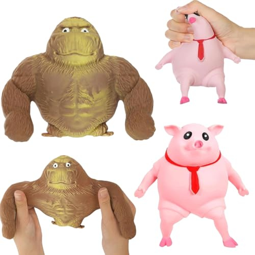 Schweine Quetschspielzeug Stressbälle & Gorilla Stressabbau Spielzeug, Antistress Spielzeug Schwein Stressspielzeug, Gummi Squishy Monkey, dehnbares TPR Fidget Geschenk für Erwachsene Kinder