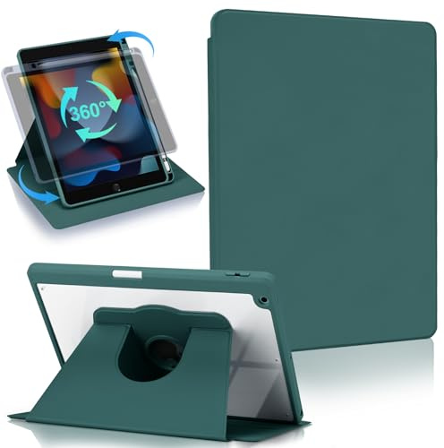 Koze Custodia Rotante per iPad 10,2 Pollici 9a / 8a / 7a Generazione 2021 2020 2019 con Portapenne, Protezione con 360 Gradi di Rotazione, Supporto Cover Retro Trasparente Antiurto Verde Notte
