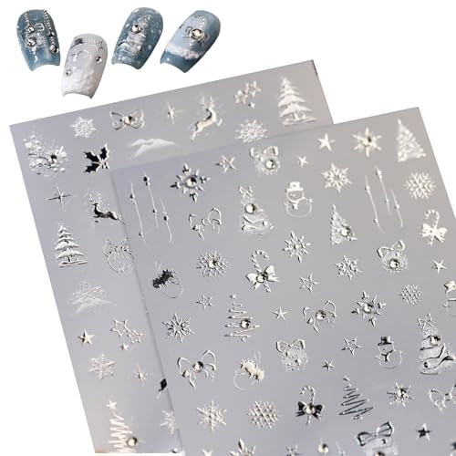 BelleFlair 2 Stück 5D Geprägt Nagelsticker Weihnachten, Selbstklebende Silber Schneeflocke Nagelaufkleber Winter, Weihnachtsbaum Nagel Tattoos für Frauen Kinder Nageldesign Silvester Nagel Deko