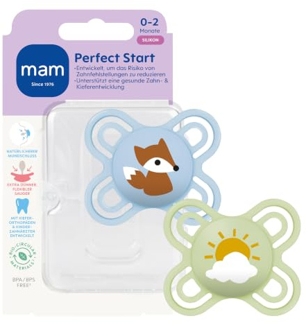 MAM Perfect Start Schnuller, 0-2 Monate, Fuchs/Sonne, 2 Stück | Beugt Zahnfehlstellungen vor, SkinSoft Silikon, hautfreundlich durch große Luftlöcher, inkl. Sterilisierbox