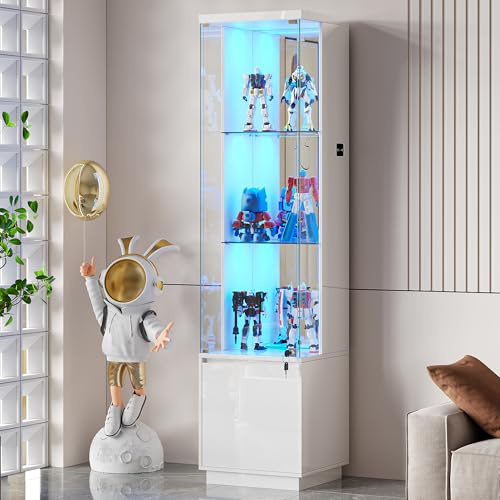 Lockable Curio Display Cabinet with Glass Door and 3 Color Lights,white