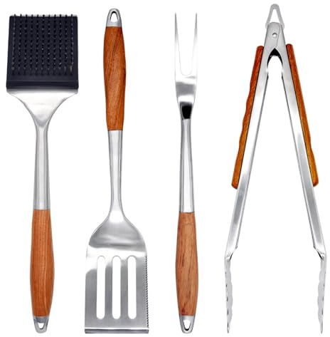 Amestar BBQ Grilling Accessories, Outdoor Grill Set with Spatula, Fork, Brush & Tongs, Stainless Steel Grilling Tools with Non-Slip Wooden Handle, for Blackstone Griddle Accessories