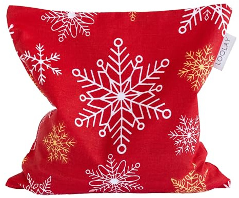LOOLAY Cojín de huesos de cereza para microondas, 20 x 20 cm, 100 % algodón, ideal para la tensión muscular o los dolores menstruales (copos de nieve rojos)