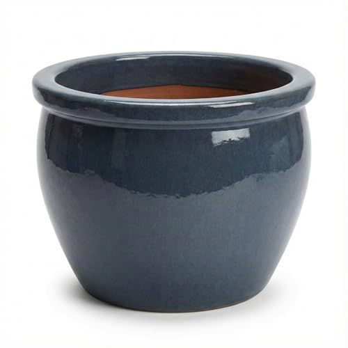 Pflanzgefäß Steinzeug 100% Frostfest | Keramik Blumentopf Außen & Innen (Verschiedene Größen) | Massiver Pflanzkübel mit Drainage-Loch | Premium, stilvoll (Antik Grau-Blau, 37cm x 31cm)