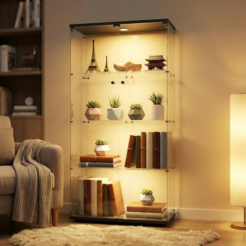 Zorvani Glasvitrine Standvitrine mit LED, Schrank für Sammlung mit 2 Türen 4 Regalen, Glasvitrine Stehend mit Schloss für Sammlerstücke Bücher Wein, für Büro Wohnzimmer 164x80x36.5CM (Schwarz)