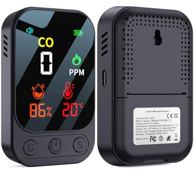 YEREADW 3-in-1 Portable Carbon Monoxide Detector, Rechargeable Carbon Monoxide Detector with Temperature Humidity Display, Portable for Home, Caravan, Camping (Black)