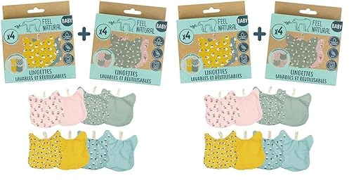 Feel Natural - Kit 2 Lots de 4 Lingettes Bébé Chat - Idéal pour Hygiène, Toilette, Change Bebe - Matière Éponge Ultra Douce, Nettoie en Douceur - Lingette Bebe Réutilisable, 100% Coton (Lot de 2)