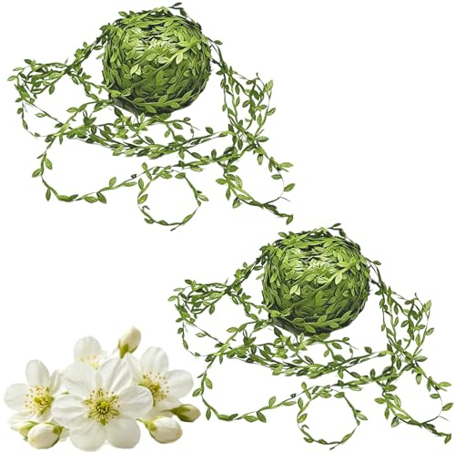 2Pcs 20m Fake Vines, Fake Ivy, Artificial Leaves for Bedroom Aesthetic, Leaf Ribbon Green Garland Leaves for DIY Crafts, Party Decor, Home Wreaths, Wedding Decor