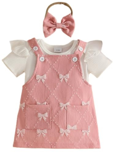 Eqenkely 3Pcs Ensemble Nouveau-né Fille Jupe à Bretelles en Velours Côtelé + Barboteuse Rayé/Uni Tops + Bandeau Jolie Vêtements été 0-24 Mois
