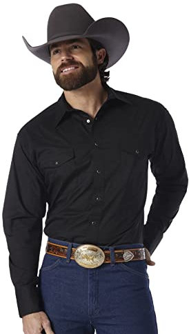 Wrangler Men's Sport Western Basic Two Pocket Long Sleeve Snap Shirt Shirt, Black, XL Tall