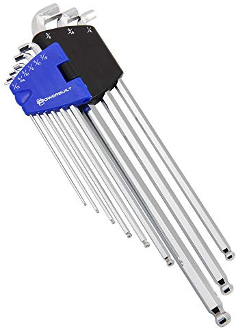 Powerbuilt 9 Piece SAE Stubby End, Extra Long Arm Ball End Hex Key Wrench Set, L-Wrenches for Tight Places, Storage - Blue 240099