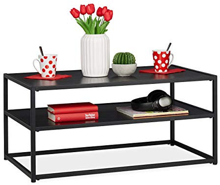 Relaxdays Couchtisch, eckig & niedrig, mit Ablage, MDF & Metall, moderner Wohnzimmertisch, HBT 42 x 90 x 50 cm, schwarz