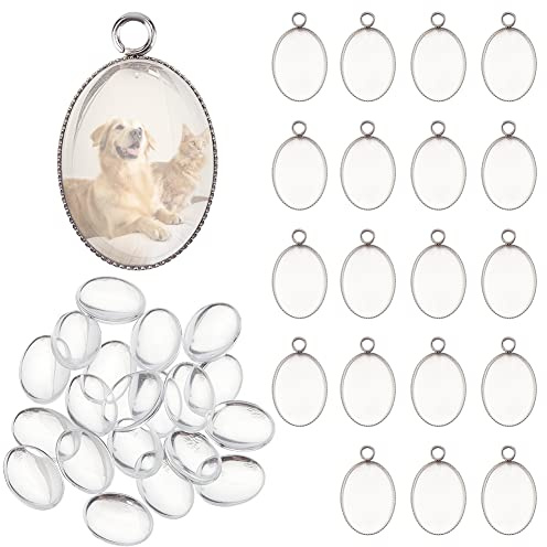 PandaHall Elite 20er Lünette Anhänger Rohlinge Einstellungen mit 20er Oval Anhänger Trays Lünette Rohlinge und 20er Glascabochons Clear Dome für die Herstellung von Fotoschmuck, 18x13mm