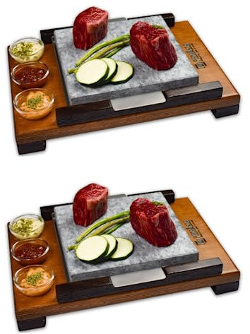 Piedra para carne de 20x20 Promo 2 Unidades con base de madera personalizada y tres salseros