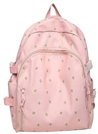 Floral Backpack with Kawaii Plush Puppy Pendant Accessories Cute Multi-Pockets Aesthetic Back to School Bookbag Laptop, Pink, L
