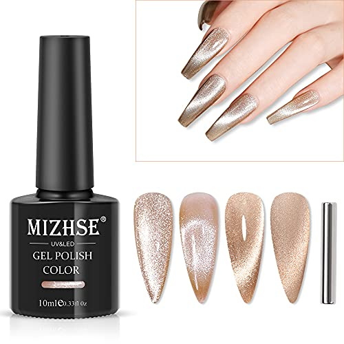 MIZHSE Champagner Farben UV Nagellack Glitzer Cat Eye UV Gel, 9D Cateye UV Gel mit 1 Magnet, Katzenauge Magnetic Nail Polish Maniküre Gellack 10ml für Nagelstudio DIY