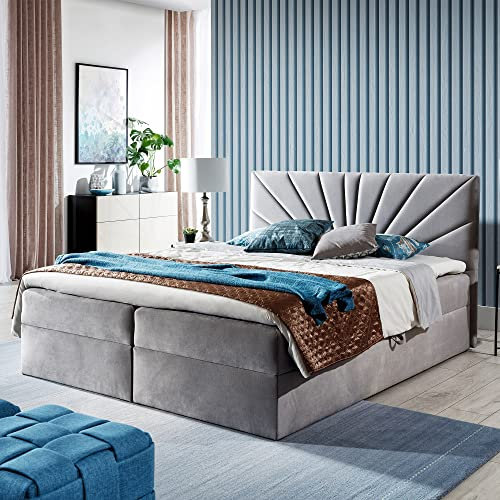 Boxspringbett Doppelbett TEO - Bett mit Bonellmatratze, mit Bettkasten für Bettwäsche und Topper. Gepolsterte Kopfstütze in 3 verschiedenen Varianten (Grau, 120x200 TEO 2)