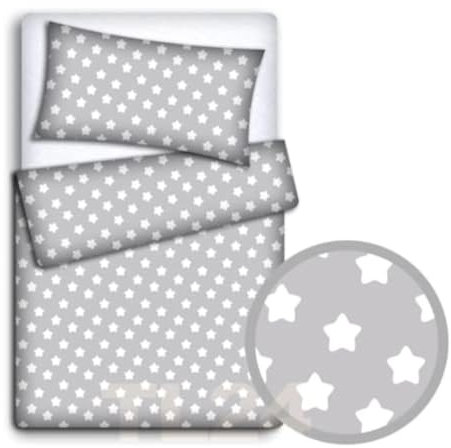 Babymam Baby Bedding Set Pillowcase + Duvet Cover 120x90cm to fit Baby COT - Big White Stars with Grey