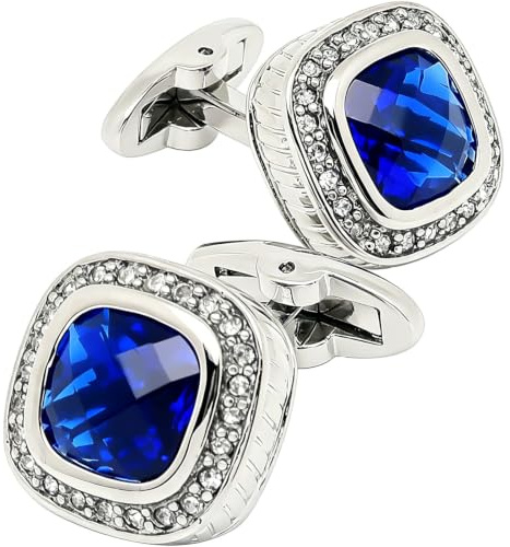 Jonwo Silber Blauer Kristall Schmuckstein Herren Manschettenknöpfe | Manschettenknopfsets für Damen und Herren passend für Hochzeit Party Alltag Büro Formal Freizeit Business Anzug und Festkleid