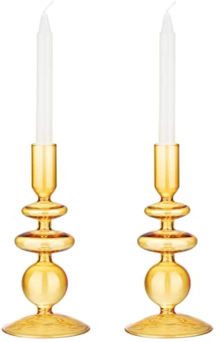 Navaris Set Candelabro de Cristal Naranja - 2 Candelabros Decorativos Modernos para Velas - para Decoracion de Centros de Mesa