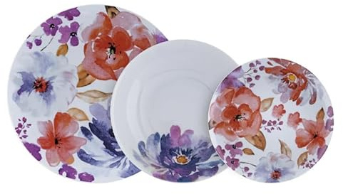 Villa Altachiara Set Piatti 6 Persone, Servizio Piatti 18 Pezzi, in Porcellana, Piatti Piani 25 cm + Piatti Fondi 29 cm + Piatti Frutta 22 cm, Moderni, Adatti a Microonde e Lavastoviglie, Linea Peonia