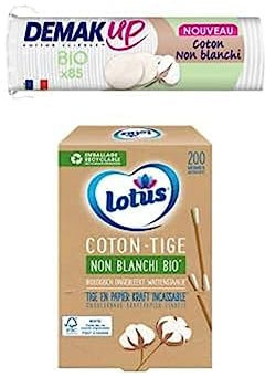 Demak'Up Bio Disques Cotons à Démaquiller - 100% Fibres de Coton Naturelles Biologiques et non Blanchies (85 Cotons)+ Lotus Cotons-Tiges En Papier Et Coton Non-Blanchi Bio (Boîte 200 Bâtonnets)