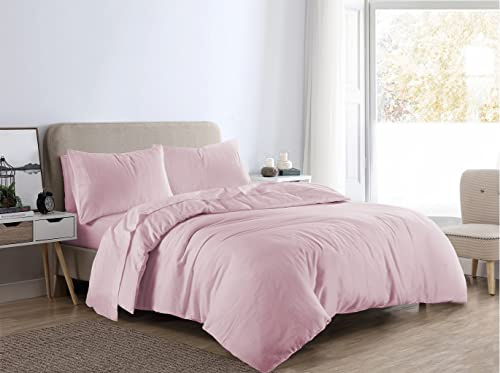 LIZZIE JACOBS New Brushed 100% Cotton Flannelette Plain Duvet Quilt Covers Flannel Fully Reversible Bedding Sets With Pillowcases (Pink, Double)