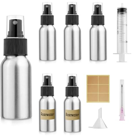 Furuising 5 Stück 30ml Aluminium Sprühflasche Klein, Spray Bottle | Mini Leer Zerstäuber Sprühflasche, Sprühflaschen zum Befüllen mit 20ml Spritze, Trichter, Aufkleber für Kosmetik,Flüssigkeit