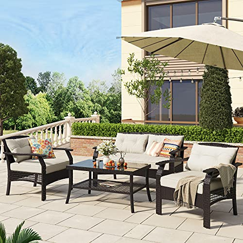 4 Piece Rattan Sofa Seating Group with Cushions, Outdoor Ratten Sofa