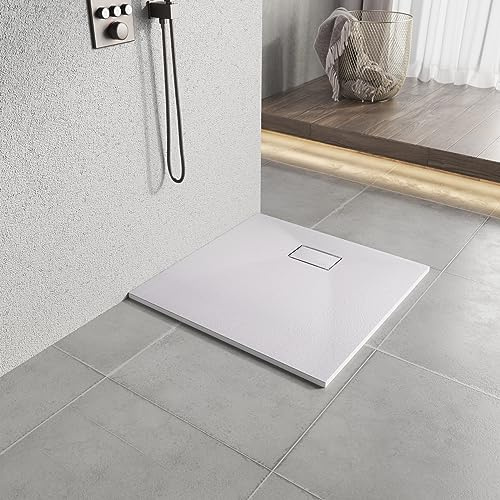 Heilmetz Plato de Ducha 80x80x2,6cm de Cristal Efecto Piedra-ReSine SMC Para Mamparas de Ducha, Blanco