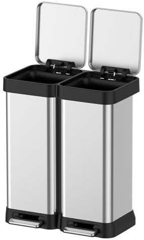 16 Gallon Dual Trash and Recycling Bin, 60L(2x30L) Fingerprint Proof Stainless Steel Kitchen Garbage Can with Double Lid, Hands-Free Step Rubbish Bin without Inner Bucket for Kitchen Home Office