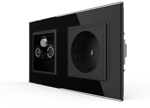 LIVOLO Doppelte Steckdose mit SAT TV FM Anschluss Antennendose Enddose Fernsehranschluss Radio UKW Kabel Anschluss digital/analog Unterputz Einbau 2-Fach Rahmen in schwarz VL-78786/C1EU-12-A