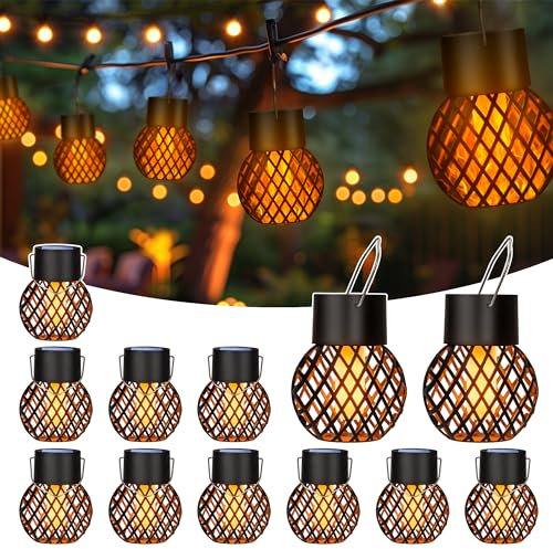 GIGALUMI Solar Hängeleuchte für außen, 12 Stück flackernder Flamme Solarleuchten für Garten,Wasserdicht für Garten, Hof, Zaun, Baum