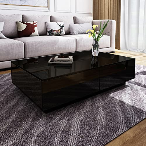 Wohnzimmer Beistelltisch mit Stauraum 4 Schubladen LED Beleuchtung Holz Rechteckig Hochglanzoberfläche Couchtisch Kaffeetisch Wohnzimmertisch Sofatisch Coffee Table Couch Table Wood (Schwarz)