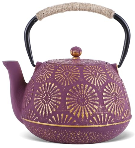 Teiera in ghisa, teiera da 40 once con infusori per tè sfuso, colini per tè sfuso, teiera giapponese per stufa, 1200 ml viola