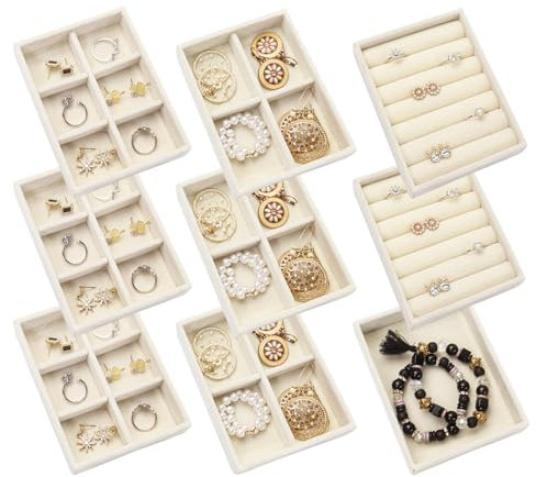Nwvuop 9 Stück Kleine Schmucktablett, Schmuckaufbewahrung Schublade Stapelbar Schmuck-Organizer für Ohrring Halskette Armband Ring 12,5× 9,5× 2,5 cm(Beige)