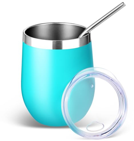 Volhoply Bicchiere da vino in acciaio inox da 350 ml, con coperchio e cannuccia, a doppia parete, isolamento sottovuoto, senza stelo, riutilizzabile, da viaggio, per bevande fredde, piccoli bicchieri