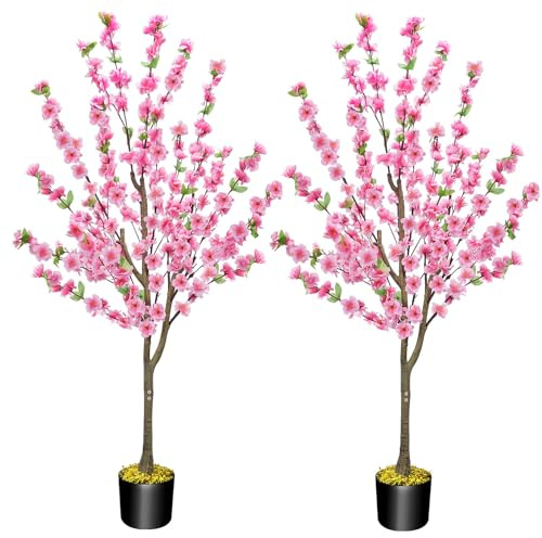 HUAESIN 4.4Ft 2 Pack Artificial Cherry Blossom Tree Tall Fake Plant Tree Pink Sakura Flower Tree Faux Potted Silk Plant for Spring Home Room Porch Office Wedding Indoor Outdoor Decorations