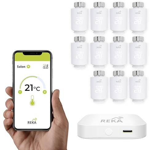 Tête Thermostatique Intelligente Connectée REKA - Contrôle Température Via Appli Tuya, Programmation, Détection Fenêtres Ouvertes - Compatible Assistants Vocaux (11, avec Passerelle)