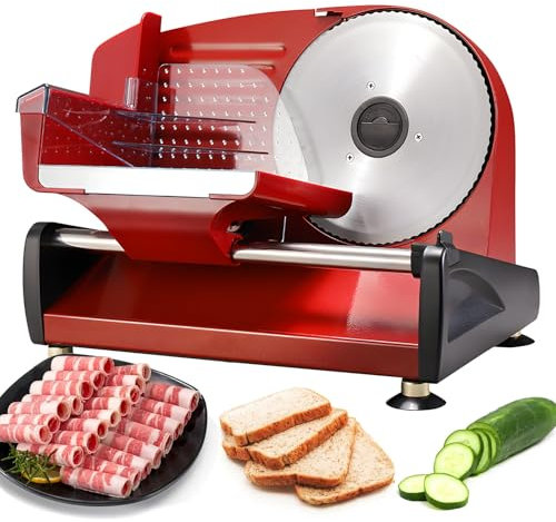 AXGCAA Electric Deli Food Slicer, 1 to 15mm Adjustable Thickness Meat Slicer Machine, Removable 19cm Stainless Steel Blades, Electric Slicer Machine with Safety Switch, for Meat, Cheese, Bread(Red)