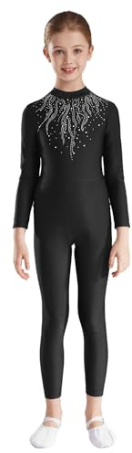 FEESHOW Mädchen Turnanzug Ganzkörper Langarm Glitzer Gymnastik Ballett Body Mit Strass Kinder Jumpsuit Einteilige Tanzkleidung