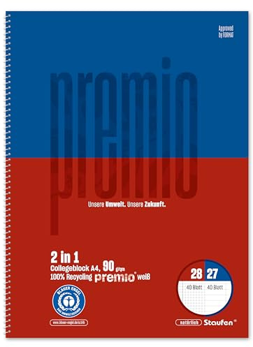 Premio Collegeblock TWICE - 5 Blöcke à 80 Blatt, liniert und kariert | Lineatur 27 und 28, DIN A4, 100% Recyclingpapier, zertifiziert mit dem Blauen Engel, abgerundete Ecken, 90 g/m² Papier
