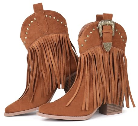 Hawkwell Bottes de cowboy à franges pour femme - Bottes de cowboy à enfiler - Bottines western, marron, 38 EU