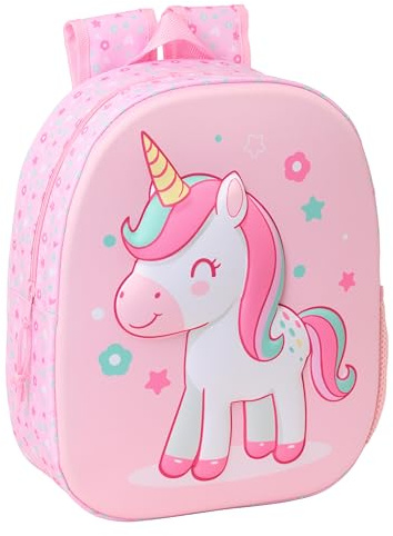 safta Unicorn 3D - Zaino scolastico, con design 3D, adattabile a carrozzina, ideale per bambini di diverse età, comodo e versatile, qualità e resistenza, 27 x 10 x 33 cm, rosa chiaro, M, Casual