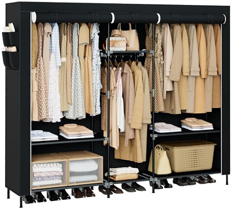 CASAMAYA Portable Closet, 77.6 Inch Extra Large Capacity Wardrobe Closet with Cover, Clothes Storage Organizer with Shelves and 3 Hanging Rods, Easy to Assembly, Black PCT223B01