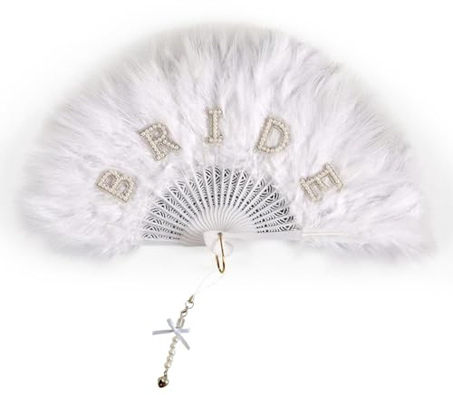 SANTUO Bridal Feather Hand Fan, Pearl Embellished Folding Wedding Fan for Bride, Bride to Be Gifts, Wedding Decoration for Women, Girls, Guests, Elegant Handheld Fan for Ceremony, Party