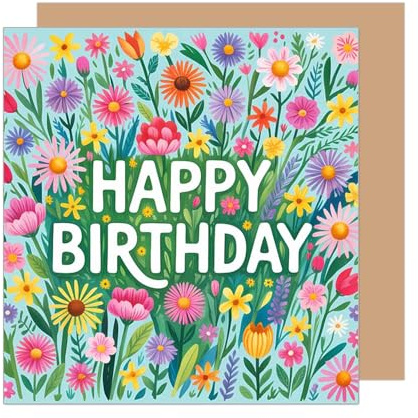 Edition Seidel Premium quadratische Geburtstagskarte mit Umschlag. Glückwunschkarte zum Geburtstag Happy Birthday Karte mit englischem Text Mann Frau Blumenwiese Blumen (GQ461 SW025)