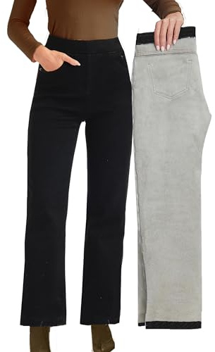 Fakanhui Jeans de pierna ancha con forro polar para mujer, pantalones de mezclilla térmicos con forro de franela, holgados